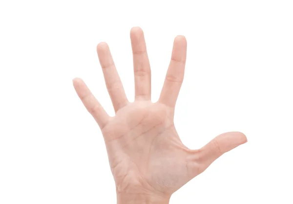 Mão de mulher aberta ou número cinco isolada em branco — Fotografia de Stock