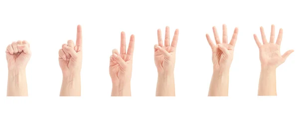 Tellen man handen (0 tot en met 5) geïsoleerd op witte achtergrond — Stockfoto