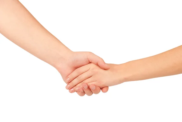 Dando la mano a dos personas, hombre y mujer, aislados en blanco . — Foto de Stock