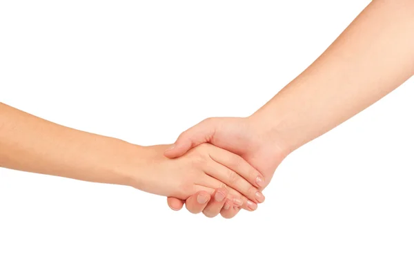 Shaking hands of two people, man and woman, isolated on white. — Stock Photo, Image