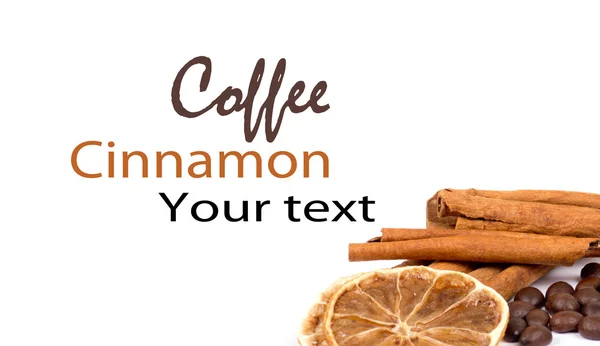 Coffee beans, cinnamon and lemon isolated on white — Stock Photo, Image