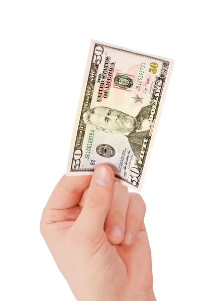 Para (dolar) üzerinde beyaz izole bir el — Stok fotoğraf
