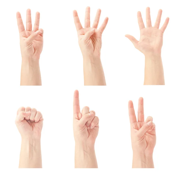Conteggio mani uomo (da 0 a 5) isolate su sfondo bianco — Foto Stock
