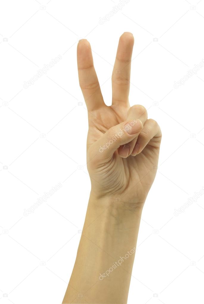 Woman's hand holding up two fingers
