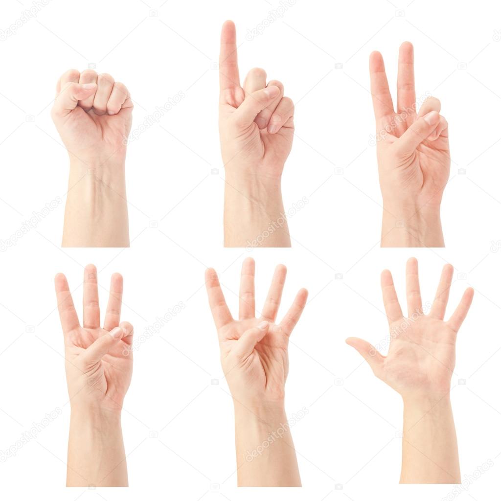 Counting man hands (0 to 5) isolated on white background