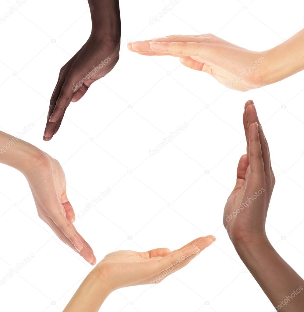 Conceptual symbol of multiracial human hands making a circle