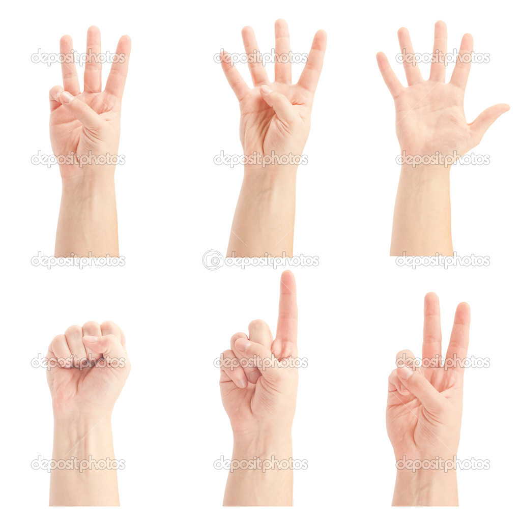 Counting man hands (0 to 5) isolated on white background