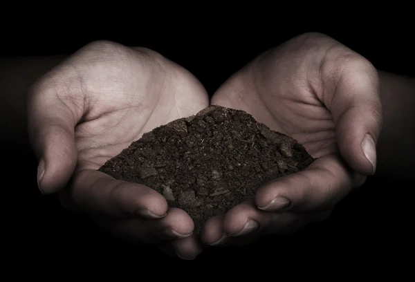 Tierra marrón y mano humana (en la mano ) — Foto de Stock