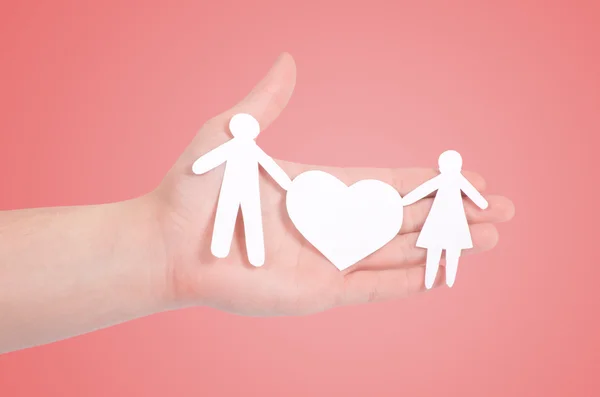 Paper family in hands isolated on pink — Stock Photo, Image