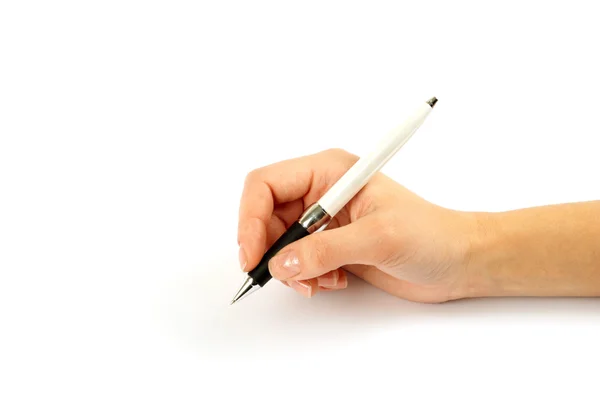 Close-up van een hand schrijven, op geïsoleerde op witte achtergrond. — Stockfoto