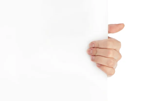 Advertising: Hand holding white empty paper — Stock Photo, Image