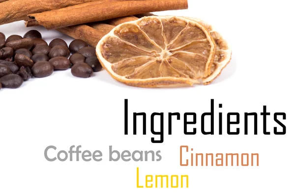 Cinnamon, lemon and coffee beans — Stock Photo, Image