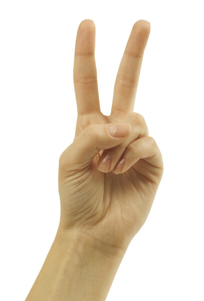 Hand with two fingers up in the peace or victory symbol.