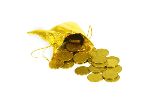 Money coins in golden bag isolated on white — Stock Photo, Image