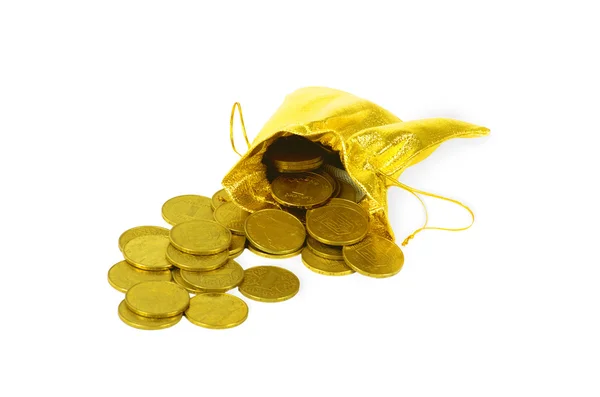 Money coins in golden bag isolated on white — Stock Photo, Image