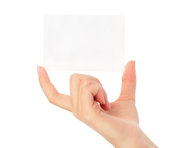 Mão de mulher de negócios segurando cartão de visita em papel em branco — Fotografia de Stock