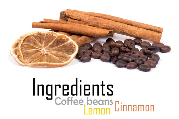 Cinnamon, lemon and coffee beans — Stock Photo, Image