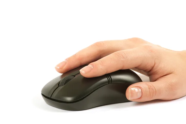 Computer mouse with hand over white — Stock Photo, Image
