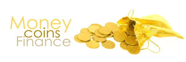 Moedas de dinheiro em saco dourado isolado em branco — Fotografia de Stock