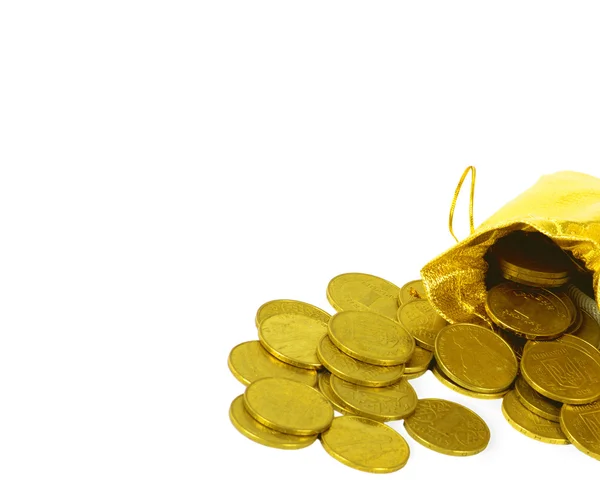 Грошові монети в золотій сумці ізольовані на білому — стокове фото