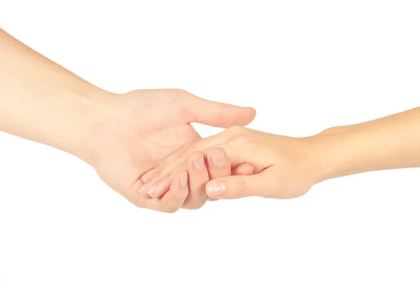 Schudden handen van twee mensen, man en vrouw, geïsoleerd op wit. — Stockfoto