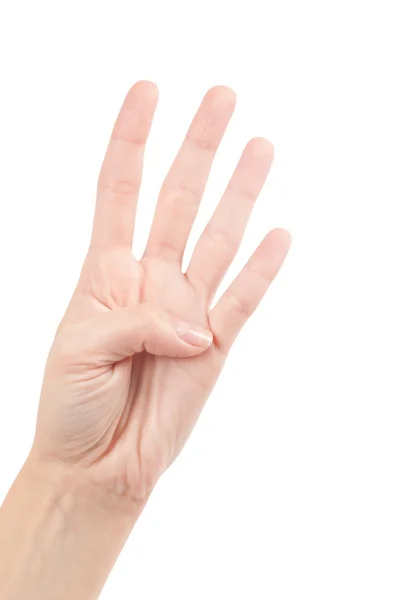 Ruka gesto - číslo čtyři izolované na bílém — Stock fotografie