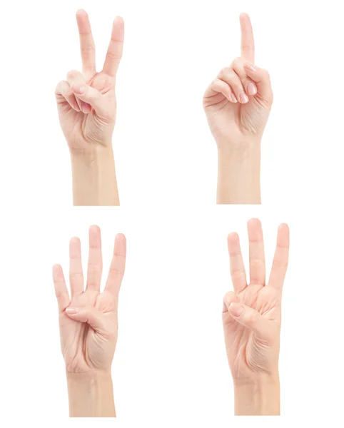 Counting woman hands (1 to 4) isolated on white background — Stock Photo, Image