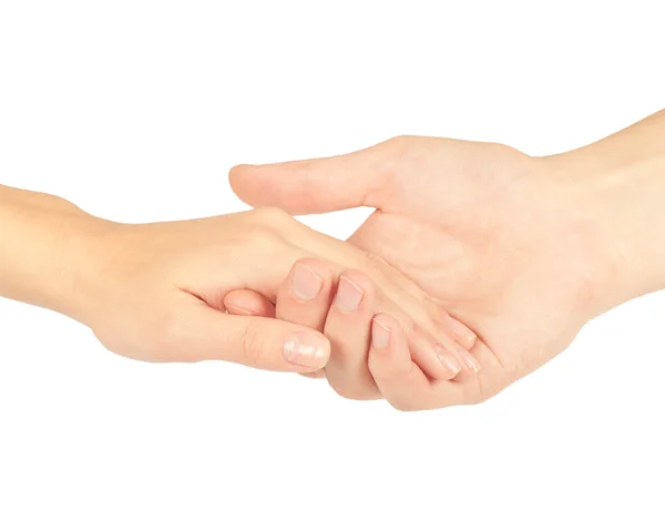 Dando la mano a dos personas, hombre y mujer, aislados en blanco . —  Fotos de Stock