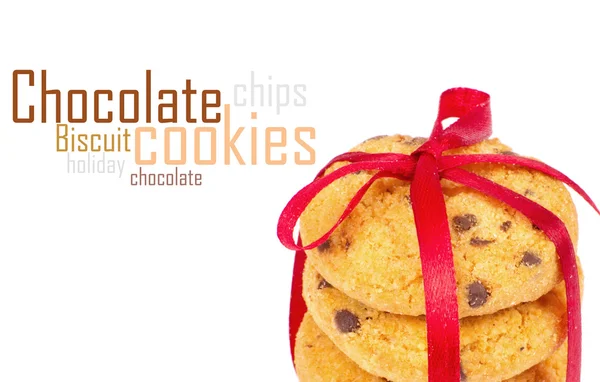 Čokoládové chipsy cookies s červenou stužku — Stock fotografie