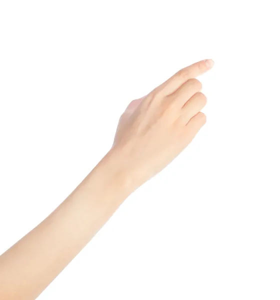 Mujer mano tocando la pantalla virtual. Aislado sobre blanco . —  Fotos de Stock