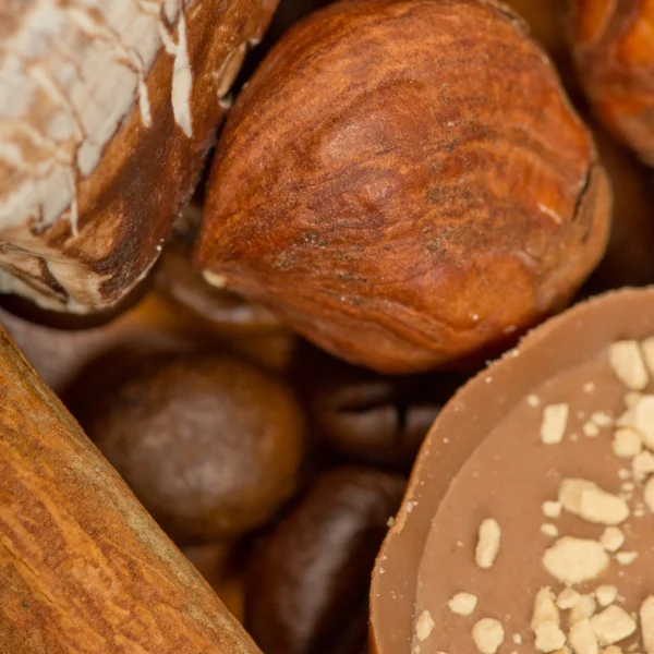 Coffee beans, cinnamon and nuts — Stock Photo, Image