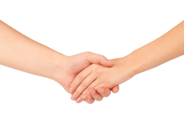 Shaking hands of two people, man and woman, isolated on white. — Stock Photo, Image