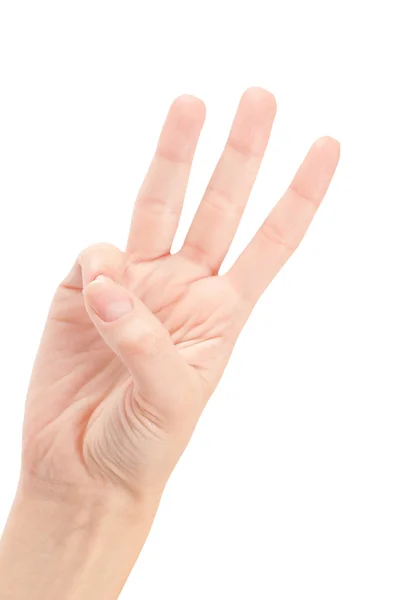 Kvinnliga händer räknar nummer tre isolerade på vit — Stockfoto