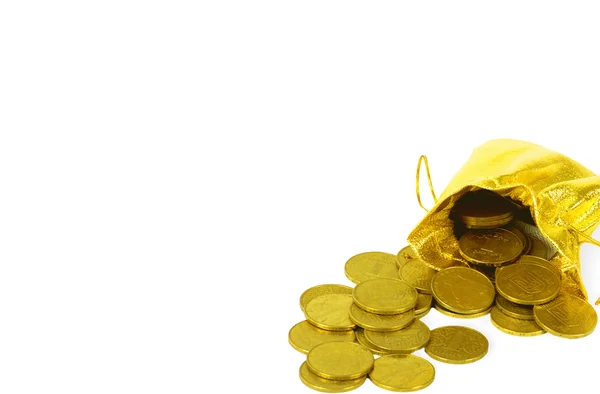 Pénz érmék, az arany táska, elszigetelt fehér — Stock Fotó