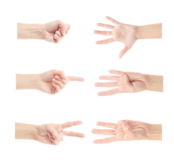 Beyaz arka plan üzerinde izole kadın eller (0-5) sayma — Stok fotoğraf