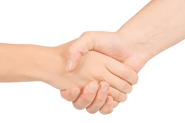 Shaking hands of two people, man and woman, isolated on white. Stock Picture