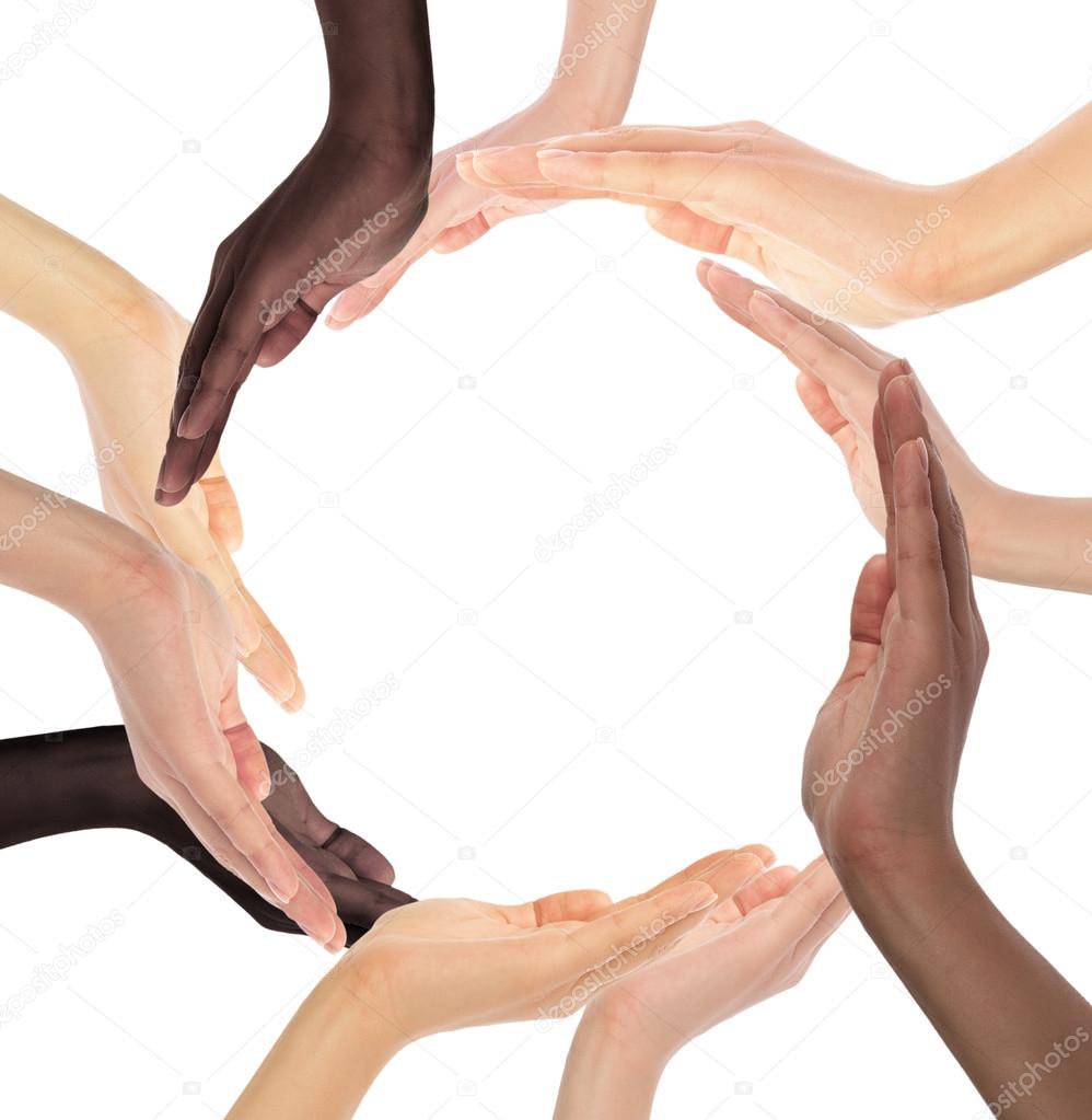 Conceptual symbol of multiracial human hands making a circle