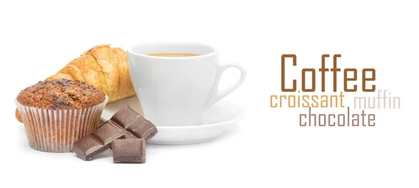 Šálek kávy s croissanty a čokoládou — Stock fotografie