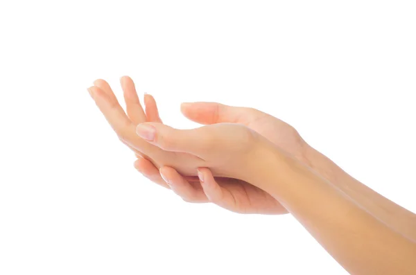 Nahaufnahme der schönen Frauenhand, Handfläche nach oben. isoliert auf weißem b — Stockfoto