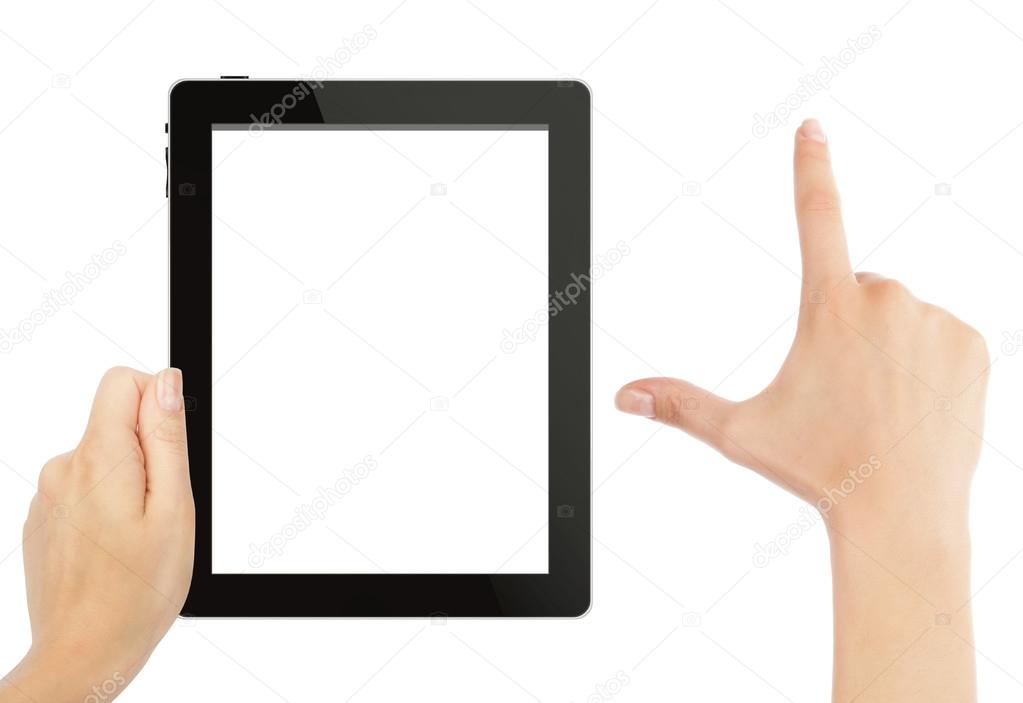 Hand holding tablet pc with touching hand. High quality and very