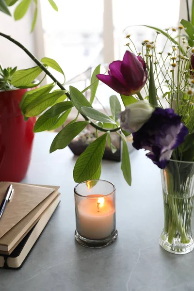 Notebooks Flowers Candle Table — Stock Photo, Image