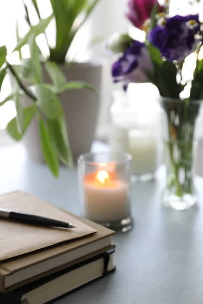 Notebooks Flowers Candle Table — Stock Photo, Image