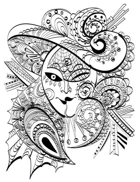 Karnavalın vektör çizimi ve çocuklar için korkunç maske ve yetişkin boyama kitabı, kıyafet amblemi. Zentangle biçimlendirilmiş ay ve beyaz arkaplanda izole edilmiş hilal. 