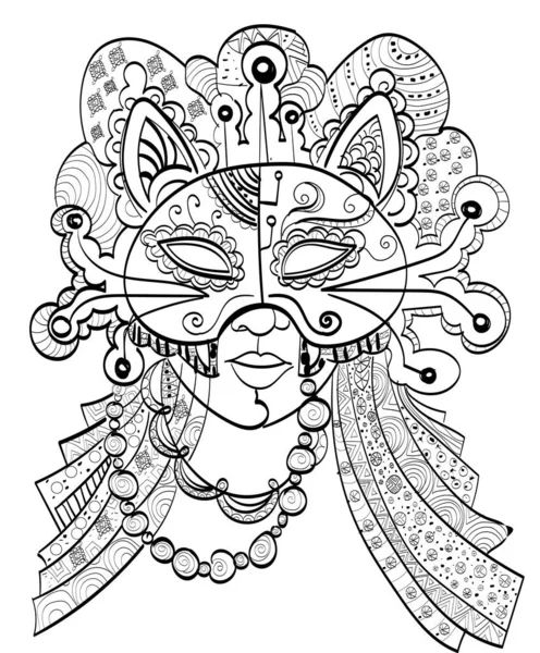 The illustration of carnival mask for children and adult coloring book, clothes emblem. Zentangle stylized cat isolated on white background. 