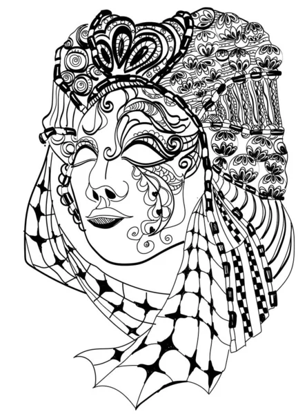 The illustration of carnival mask for children and adult coloring book, clothes emblem. Zentangle stylized moon and crescent isolated on white background. 