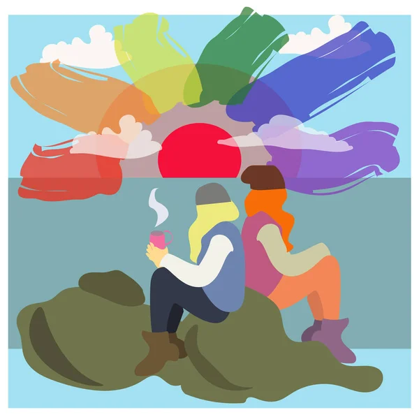 Illustration of glamping and woman sits and drinks. Pair of romantic partners on holiday. Homosexual relationship of woman