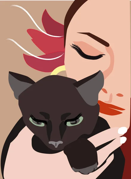 Girl Holds Cat Illustration International Cat Day Isolated Blue Background — Stockový vektor