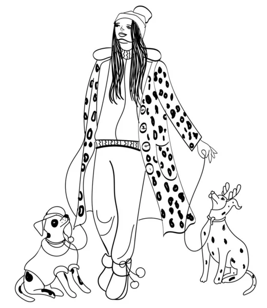 Christmas Illustration Fashion Girl Dog Girl Dog Walk Wihte Background — 스톡 벡터