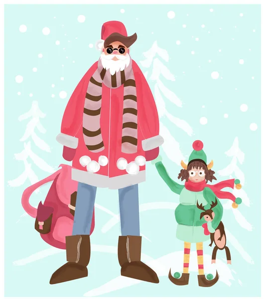 Illustration Santa Claus Elf Cosplay Santa Claus Holding Elf Girl — Vetor de Stock