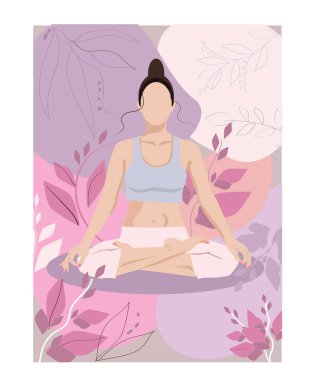 A young woman takes yoga lessons. The girl performs aerobics exercises and morning meditation. Physical and spiritual practice. The illustration in the style of a faceless. 